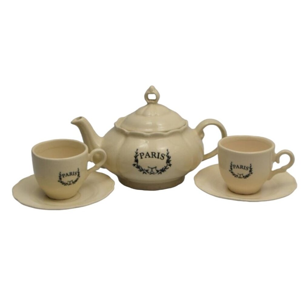 French Country ParisTeapot Cups Saucers Set Ivory Faux Crazed Ceramic